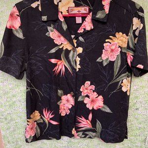 Caribbean Joe Women's Button Down Shirt Black Floral Pattern Medium (M) Vintage